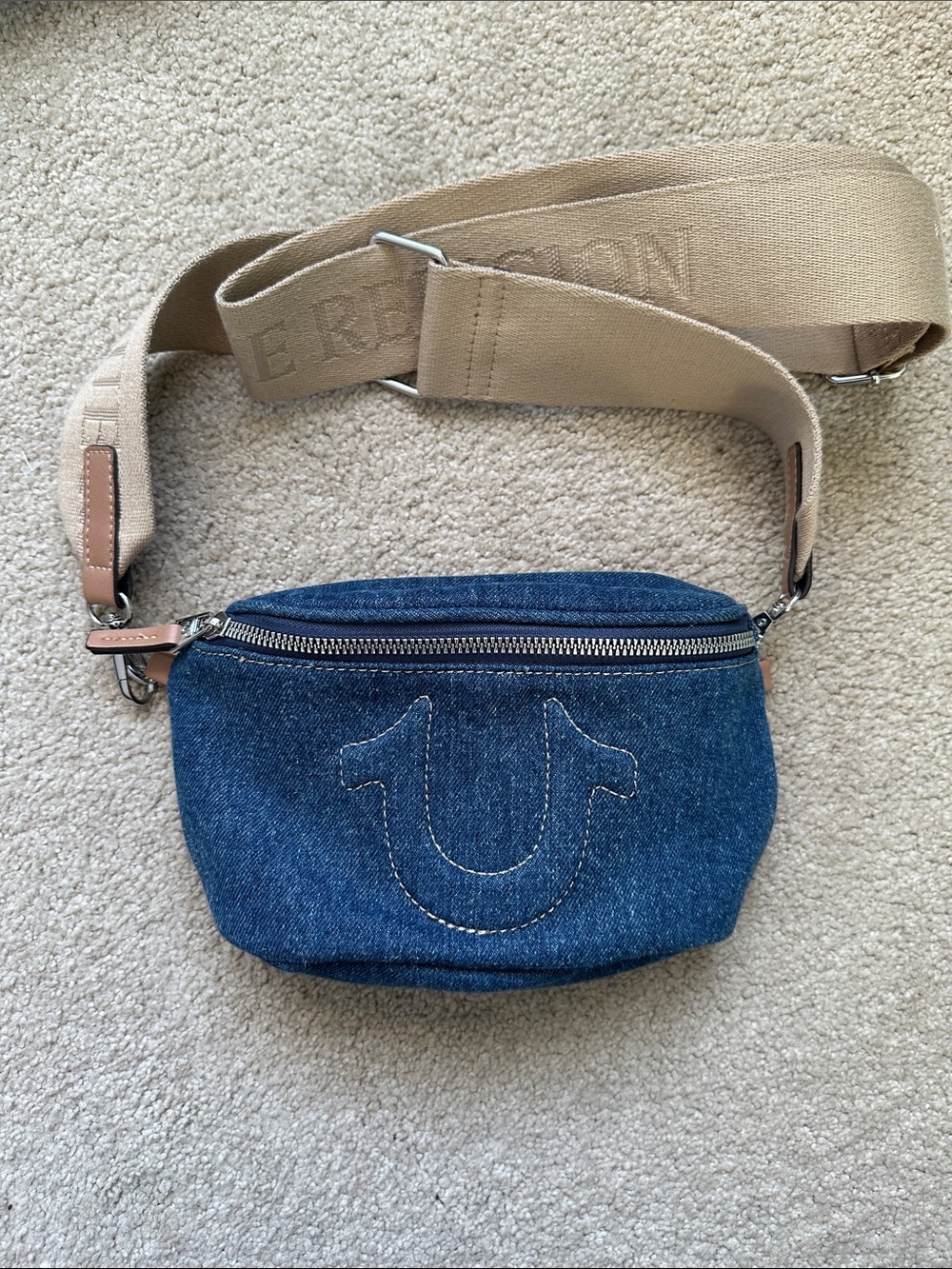 True Religion Denim Crossbody Belt Bag with Embroidered Logo
